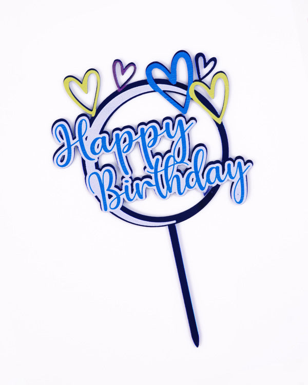 'Happy Birthday' Topper (Round, Blue Hearts)