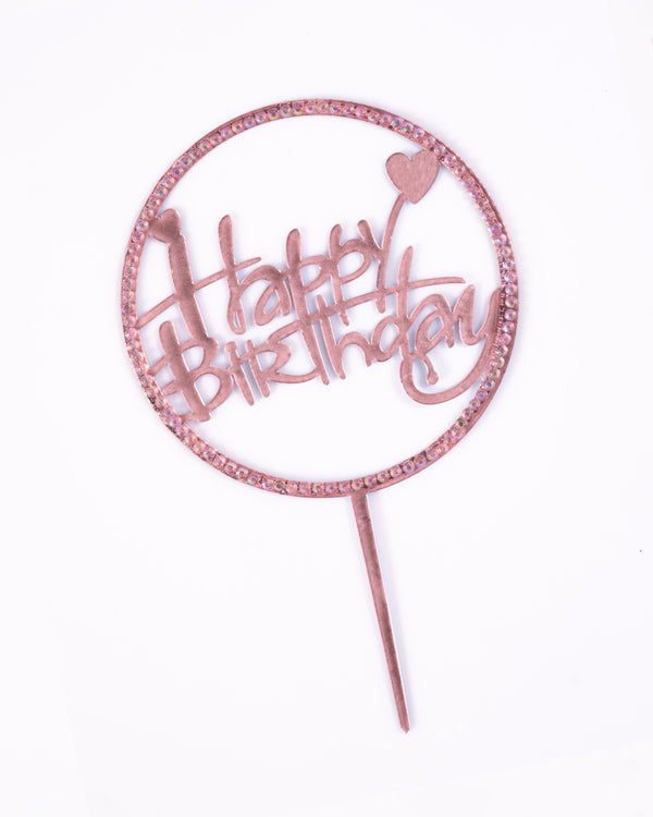'Happy Birthday' Topper (Round, Pink Glitter)