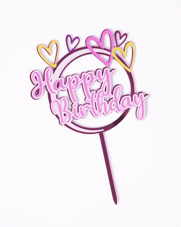 'Happy Birthday' Topper (Round, Pink Hearts)